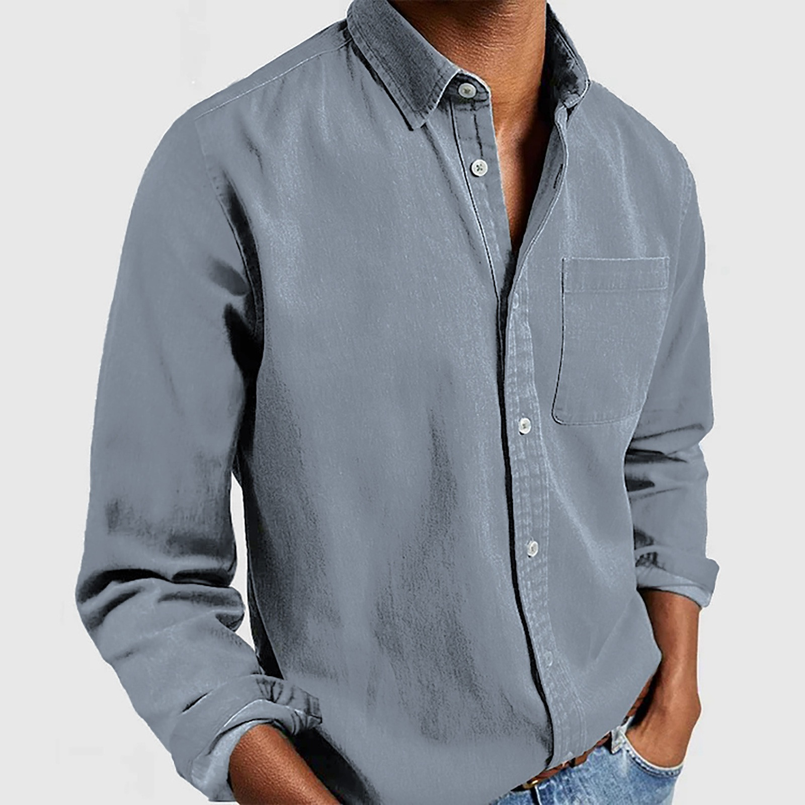 thumbnail image 4 of Camisa informal de manga larga con botones y color liso para hombre: prenda cómoda y moderna para el trabajo o las vacaciones, de poliéster y algodón, tallas S-XXXL., 4 of 8